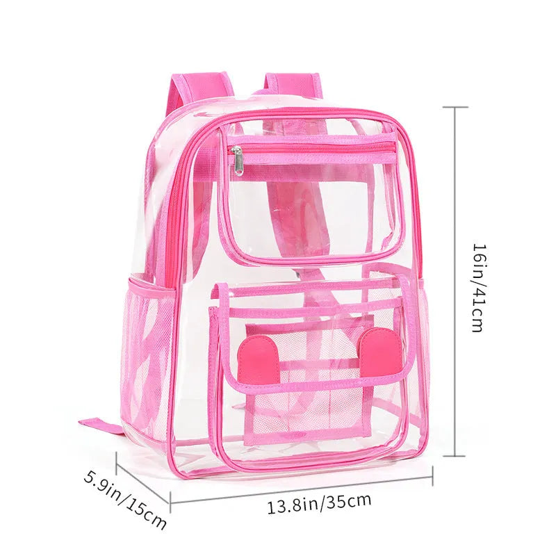 Transparent PVC backpack in multiple colours showing contents visible through clear material