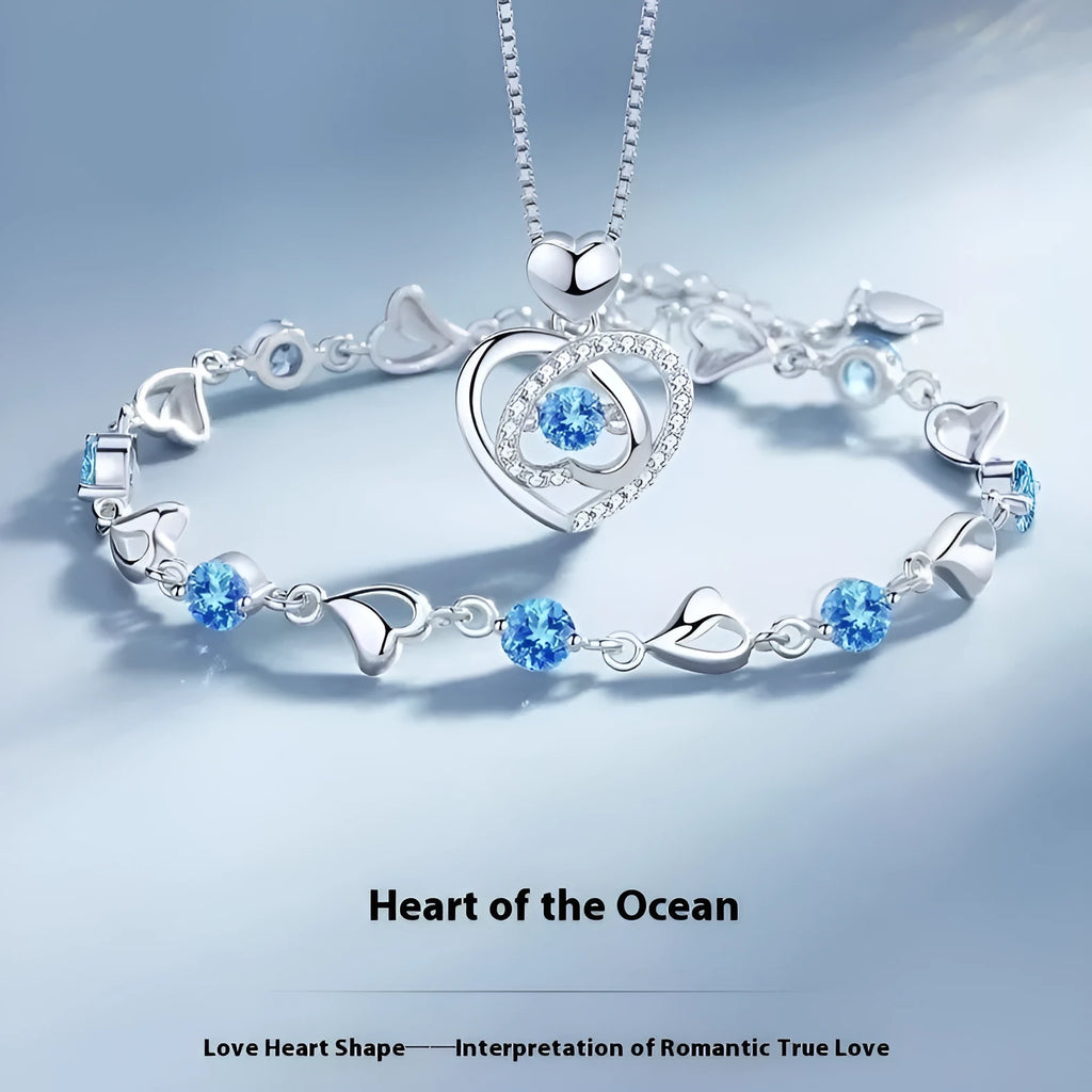 Blue diamond colour heart necklace and bracelet set with geometric shape and mixed gem inlay on copper.