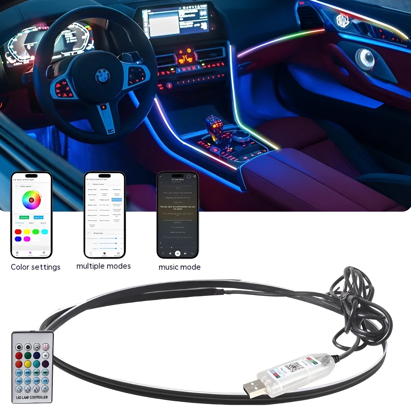 Car interior ambient lighting strip with remote control and USB connection