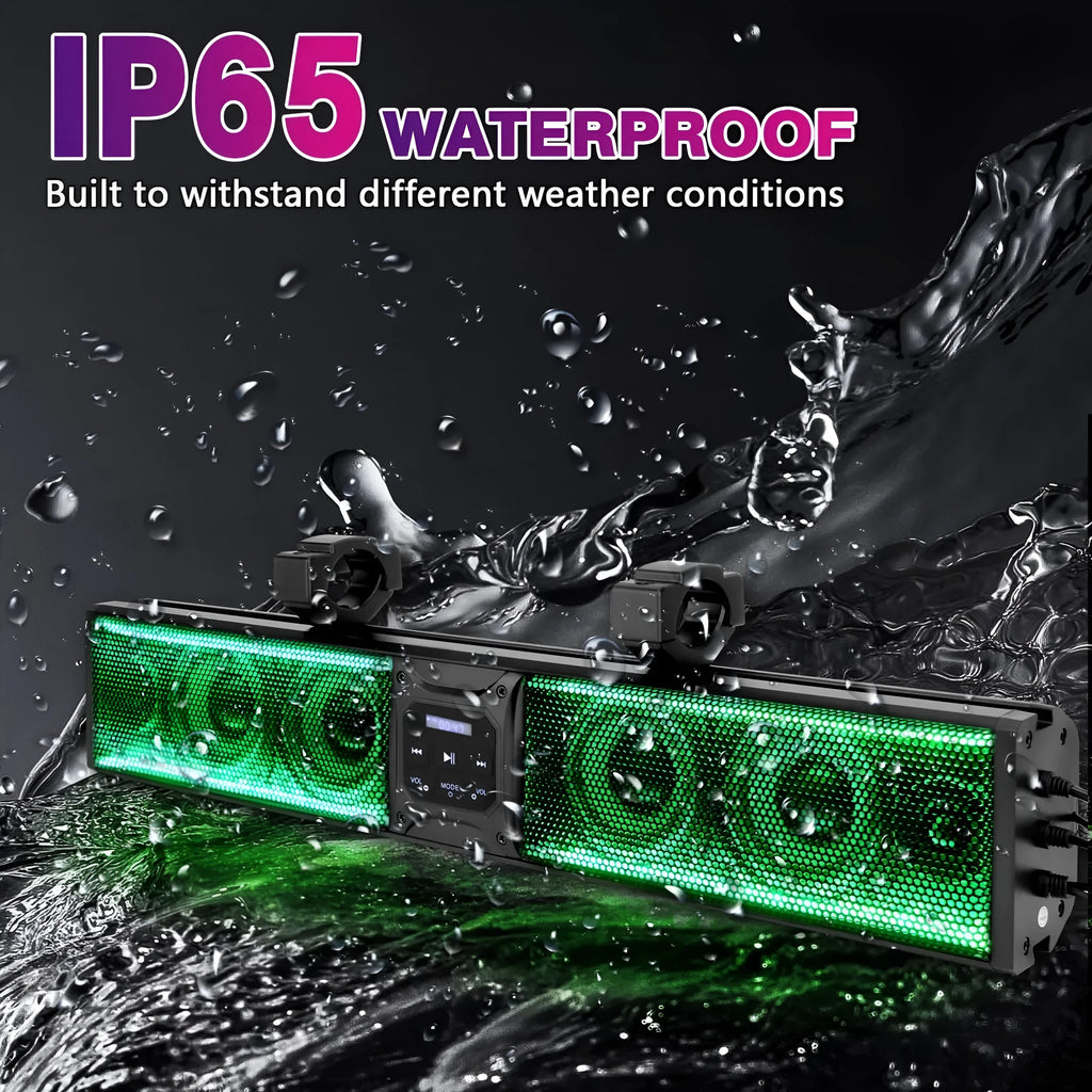 Portable Bluetooth audio system for golf carts and ATVs with speakers and connection ports.