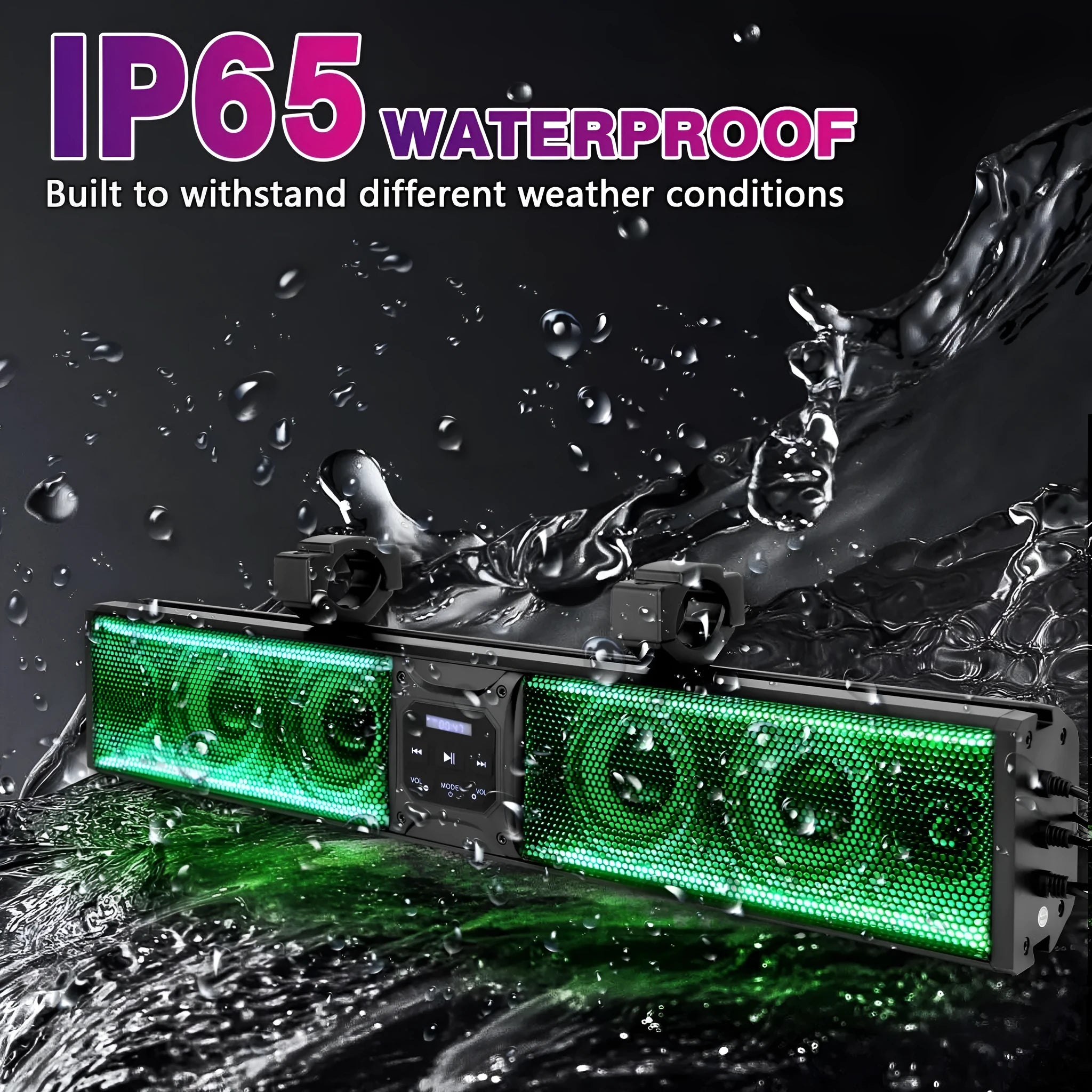 Portable Bluetooth audio system for golf carts and ATVs with speakers and connection ports.