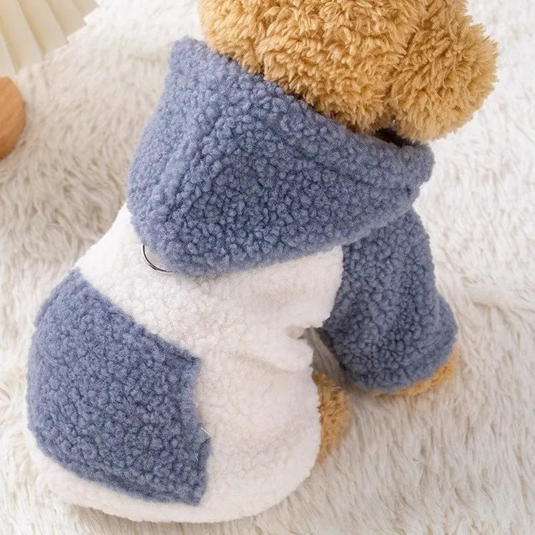 A brown hooded cotton-padded coat for a dog, shown from the side.