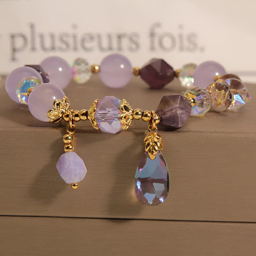 Lavender purple crystal children's bracelet with colourful water drop beads in retro purple drop design