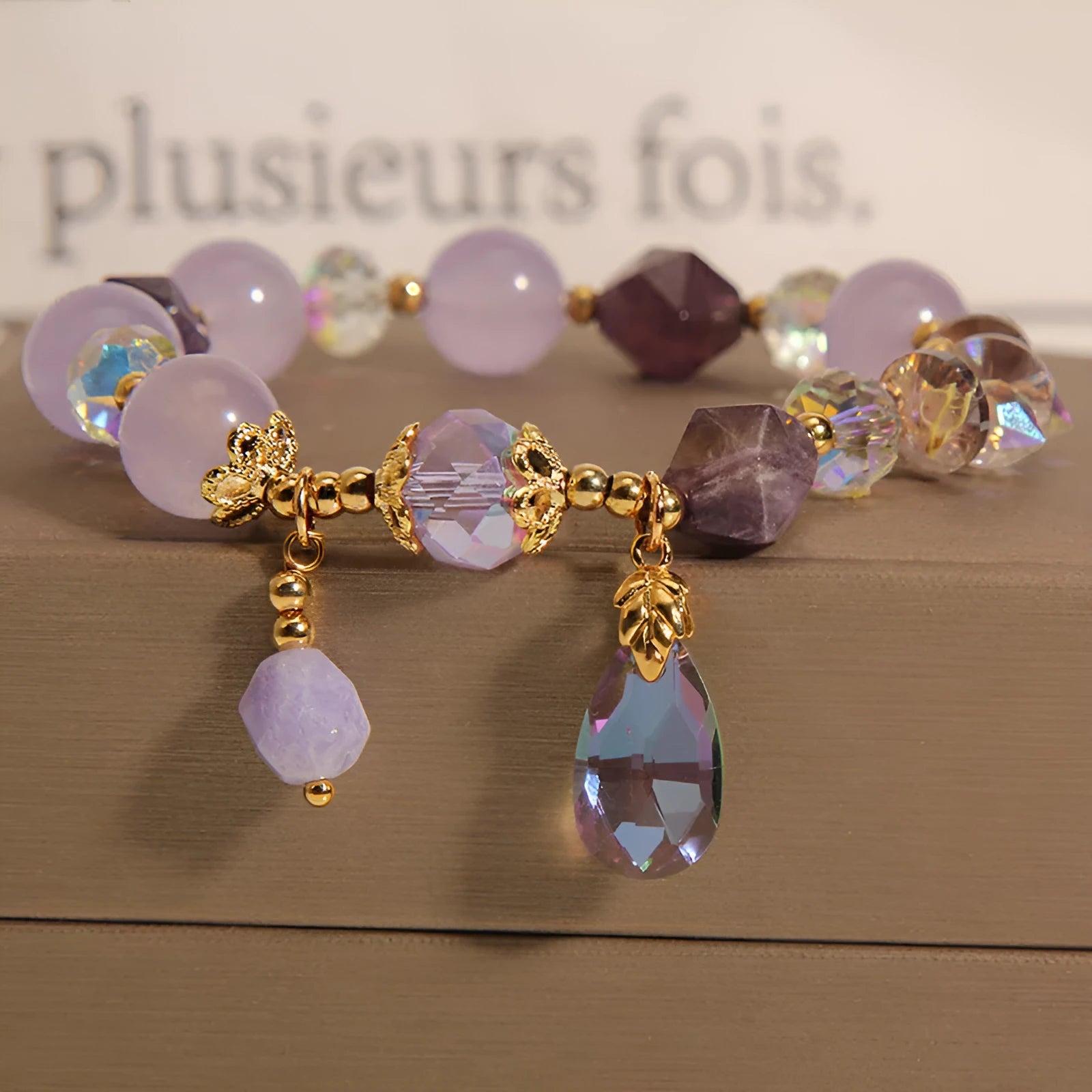 Lavender purple crystal children's bracelet with colourful water drop beads in retro purple drop design