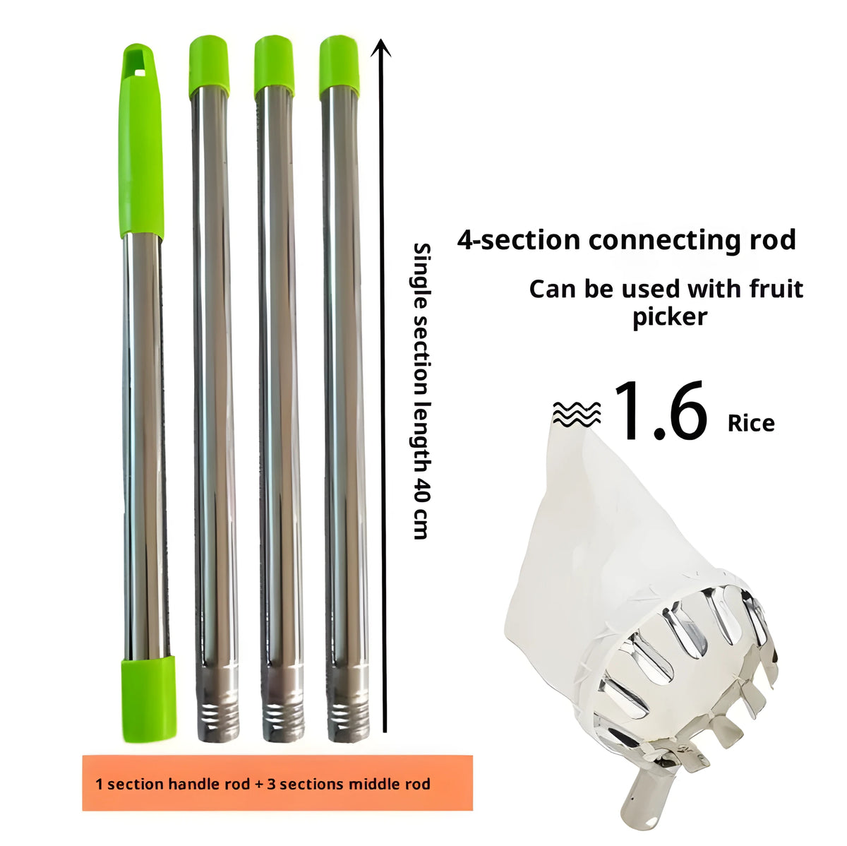 Stainless steel splicing rod fruit-picking device with 1.6m reach for harvesting apples and other fruit
