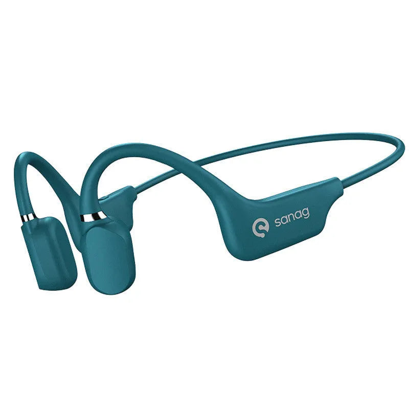 Bone conduction Bluetooth sports headset hanging around a neck, shown in multiple colour options.