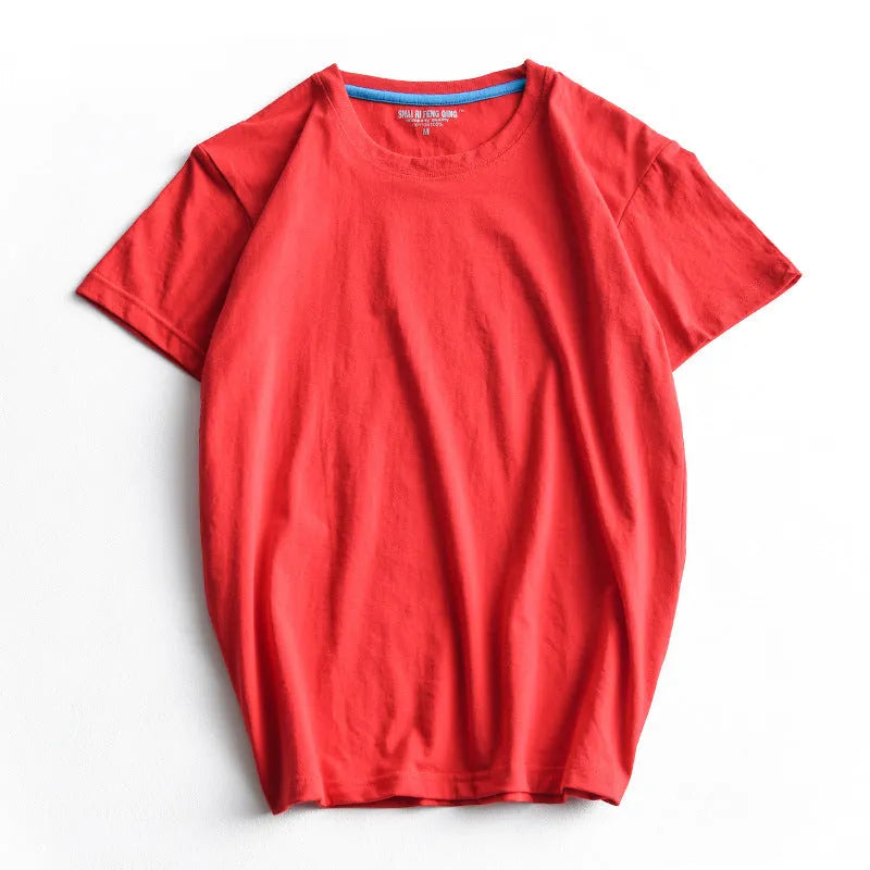 Men's solid colour round neck cotton t-shirt on a hanger, showing the short sleeve and blank front design.