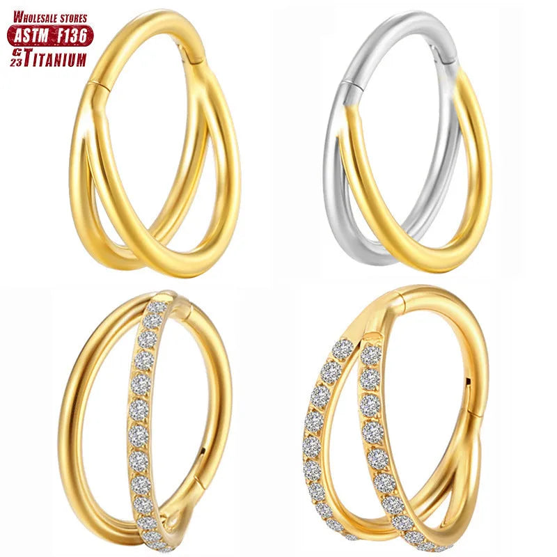 Titanium alloy nose ring or septum piercing in silver, available in multiple lengths and diamond-accented styles.