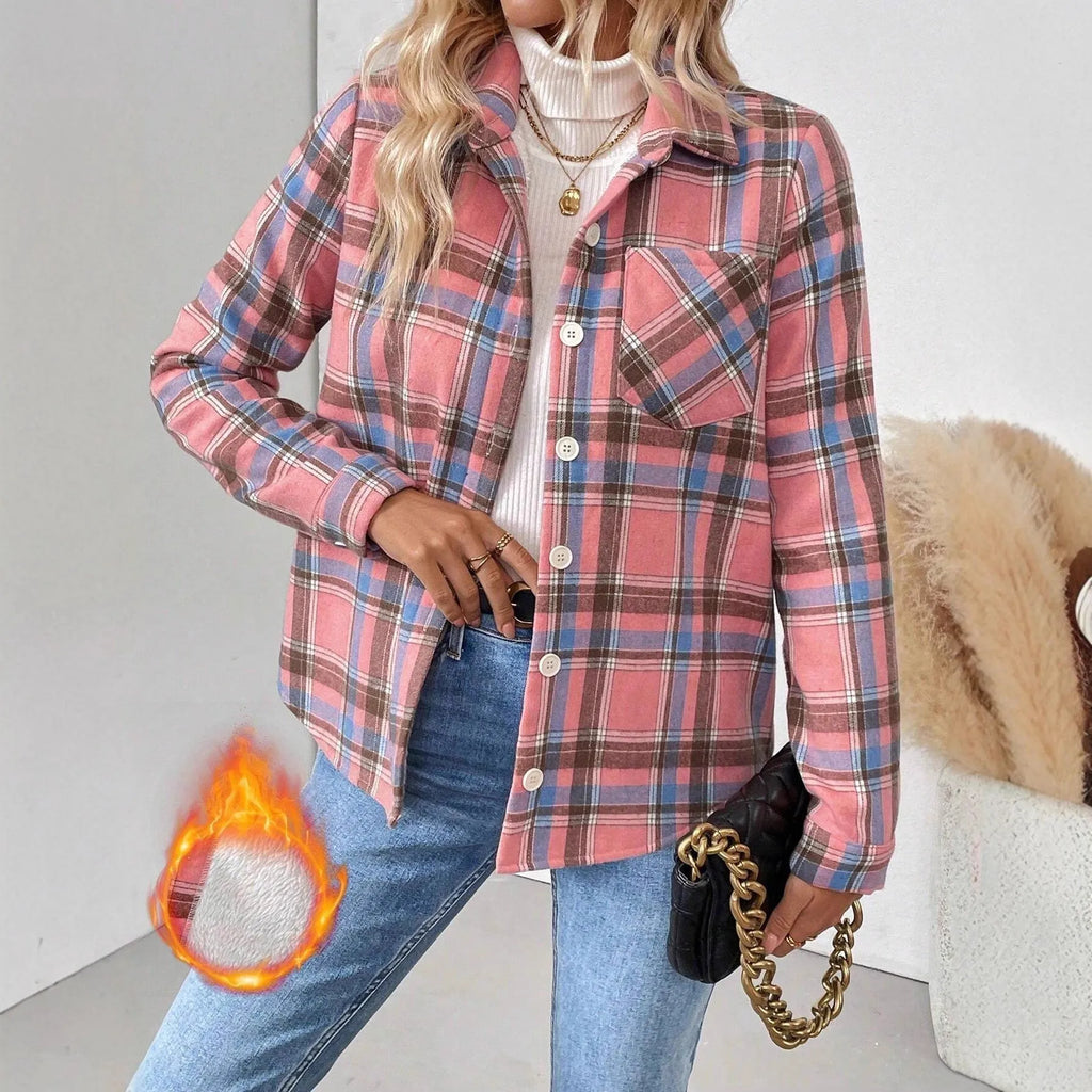 Woolen woven plaid button shirt collar jacket top in brown – Asian size S to XL, polyester fabric, pocket, Japanese Korean casual style
