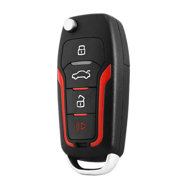 Red and frosted black one-way car alarm unit with two remote controls for 3000m vehicle security.