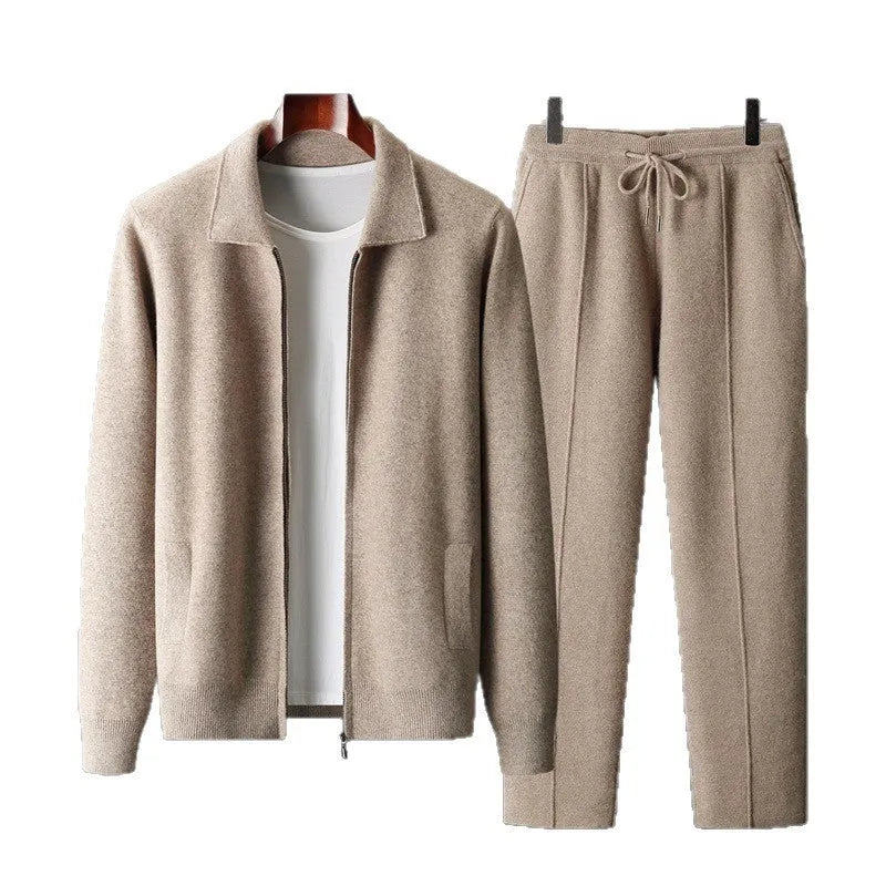 Men's thickened wool knit cardigan suit with loose lapels, long-sleeve top and trousers in camel or purple blue