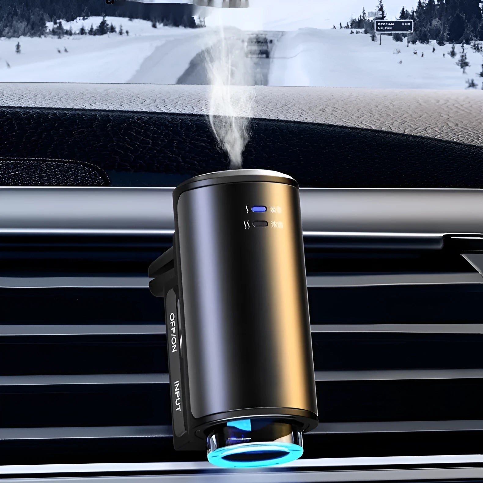 Smart car aroma diffuser clipped onto car air vent in obsidian black colour with essential oil bottles