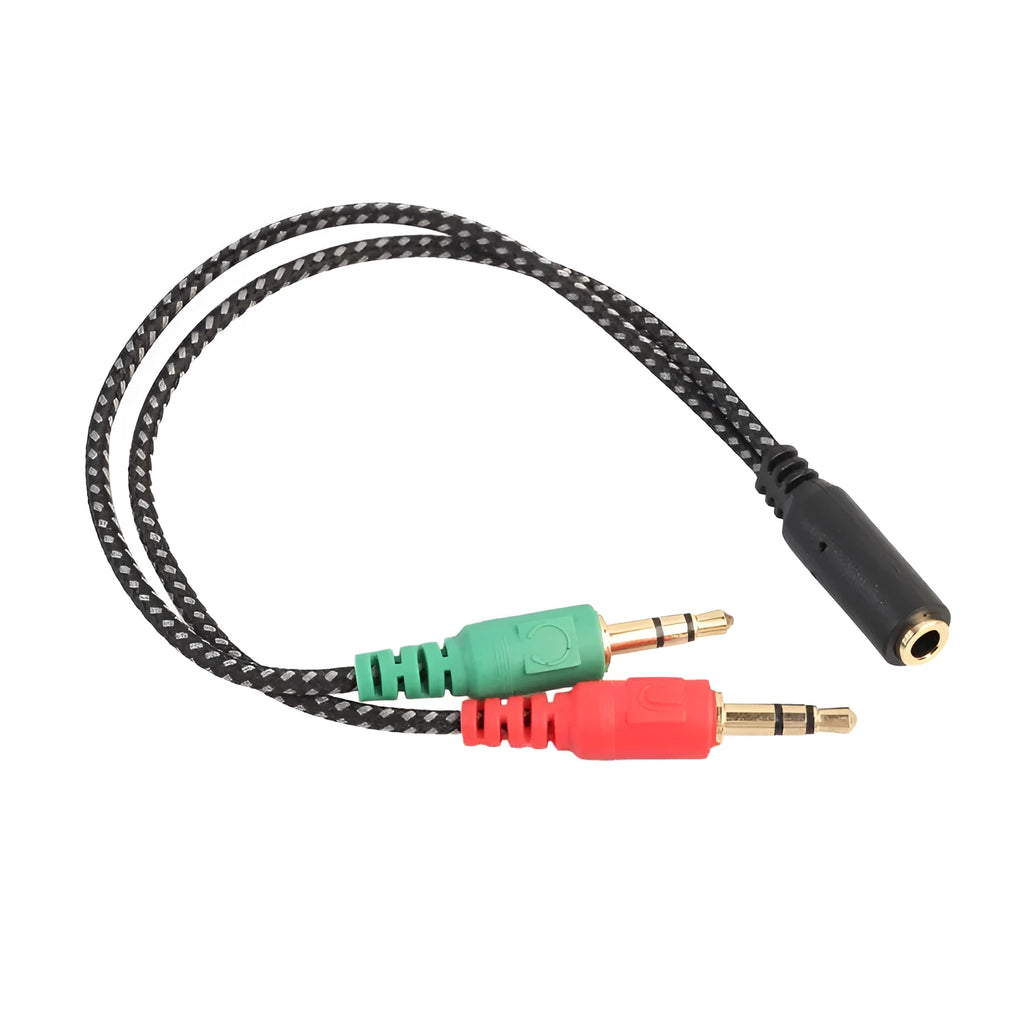 3.5mm one female to two male braided audio conversion wire, 21cm, red and green adapter cable