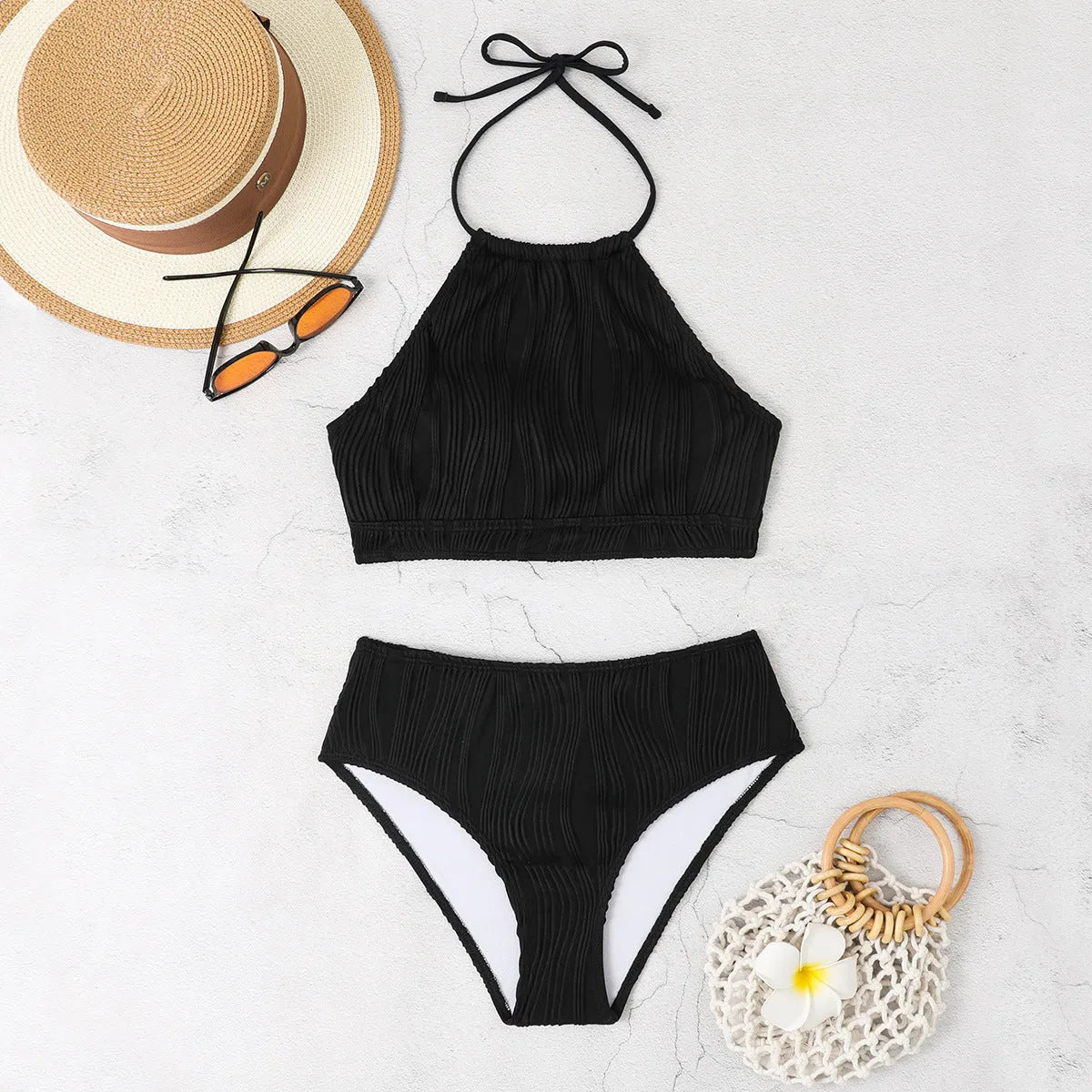 Conservative high-waist apron-style one-piece women's swimsuit in solid colour.