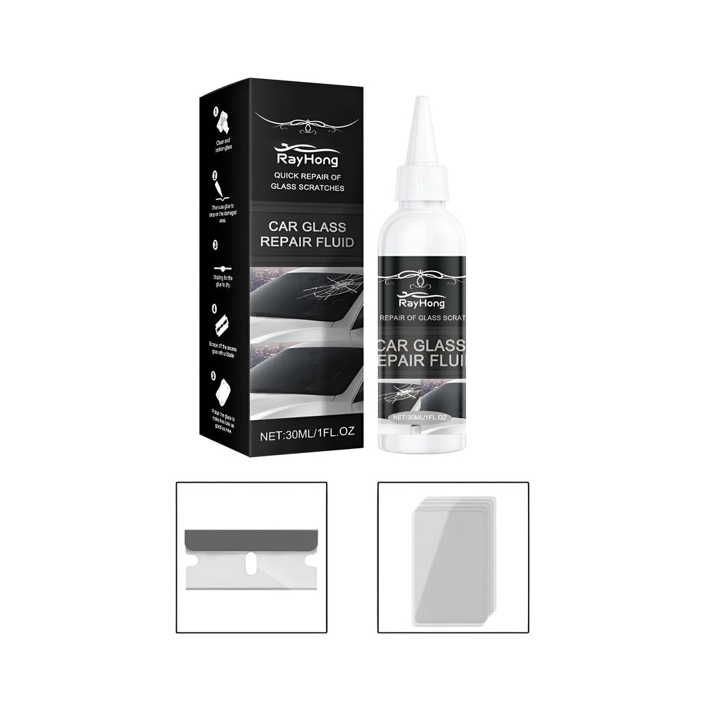 Automotive glass repair adhesive kit with 30ml bottle, blade, and five curing films for windscreen chip repair