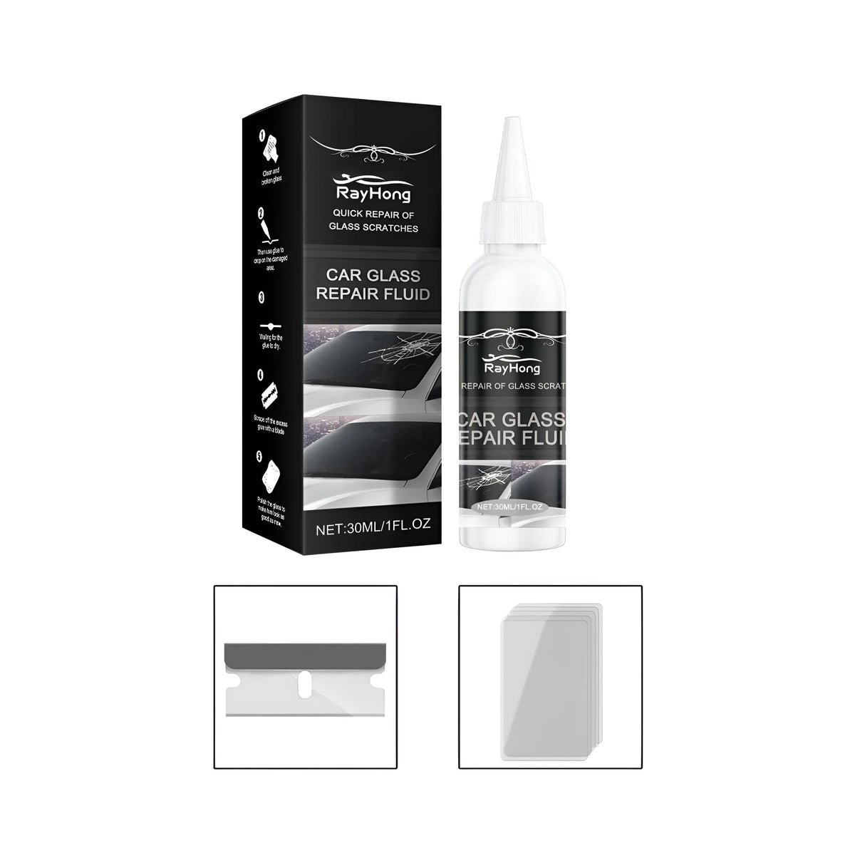 Automotive glass repair adhesive kit with 30ml bottle, blade, and five curing films for windscreen chip repair