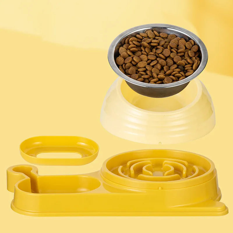 Brown automatic cat water dispenser and elevated food bowl set on a floor.