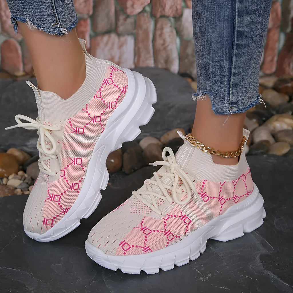 Women's breathable mesh lace-up sneakers in Light Brown with round toe and rubber sole