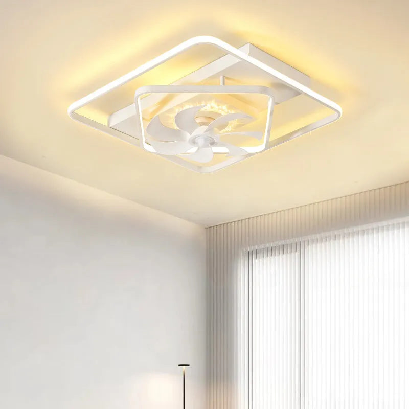 Modern ceiling fan with integrated light fixture showing plastic blades and acrylic lampshade