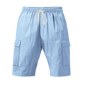 Men's straight-leg linen casual shorts in a light blue colour, showing front view with pockets.