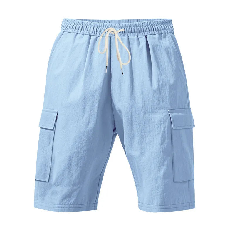 Men's straight-leg linen casual shorts in a light blue colour, showing front view with pockets.