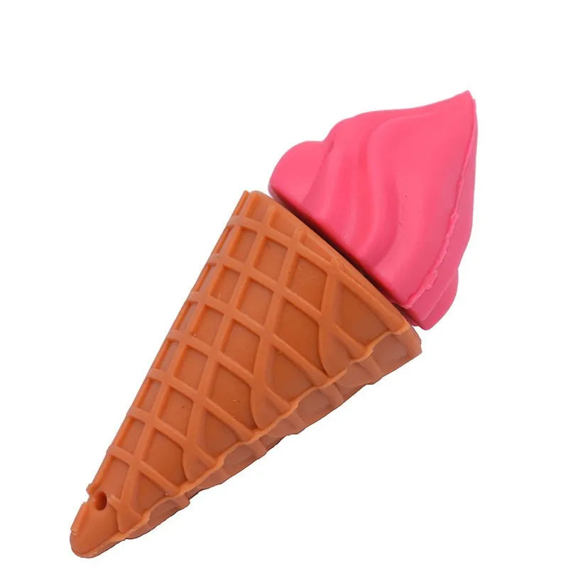 Mini pink ice cream shaped USB flash drive with a white chocolate drip, showing the metal USB connector.