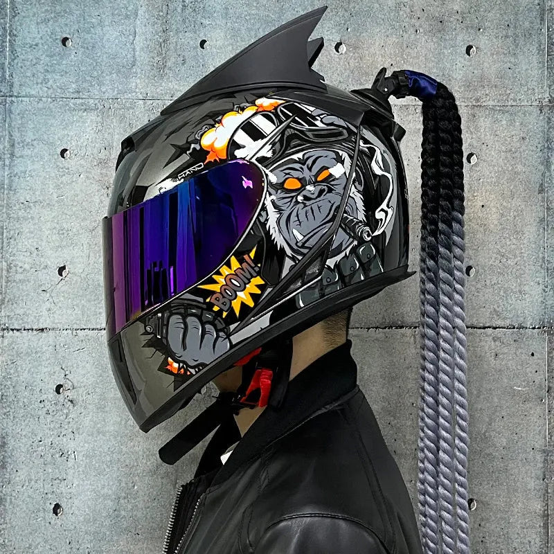 Dirty Braids pattern full face motorcycle helmet in ABS on a white background.