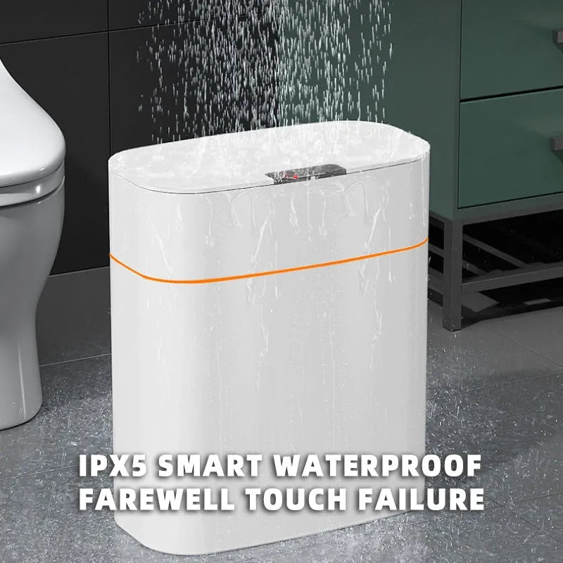 White smart dustbin with automatic sensor lid open, showing 16L capacity.