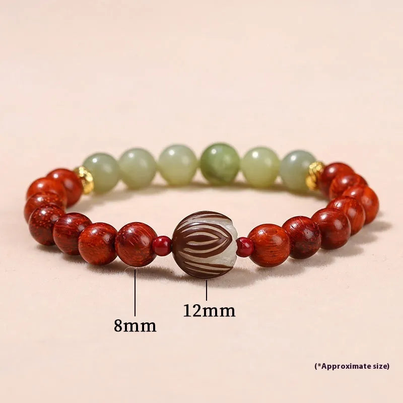 Red rosewood and grey jade women's bracelet with a geometric Bodhi lotus bead in Chinese style.