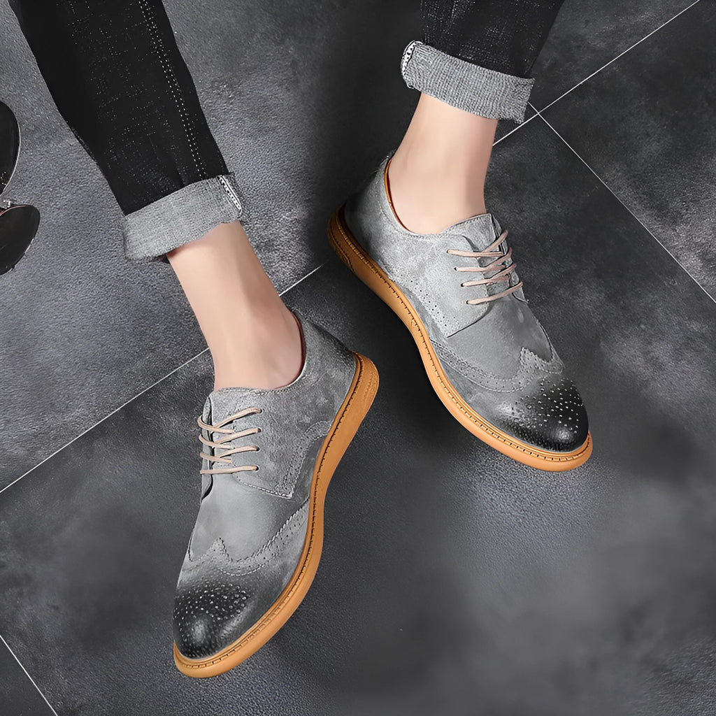 Men's grey business formal leather shoes with lace-up design and rubber sole