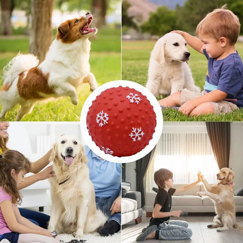 Red and green Christmas dog toy balls with snowflake patterns for small medium dogs