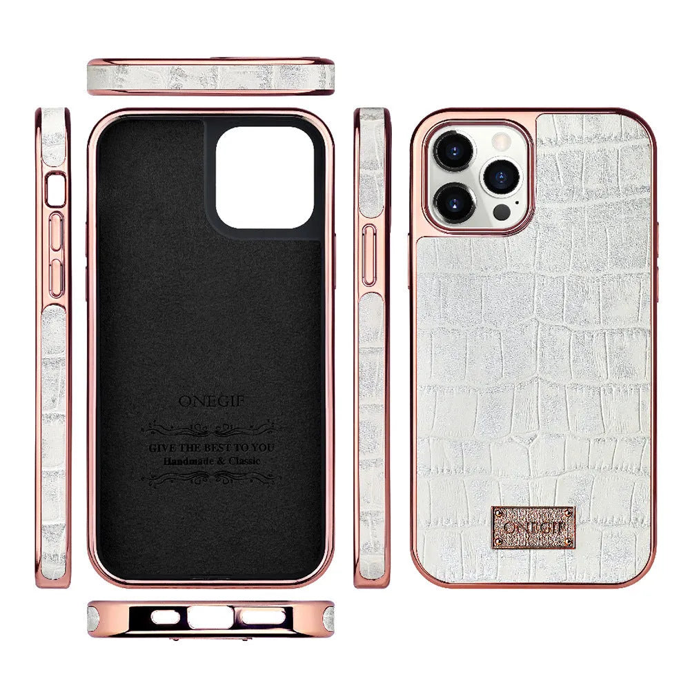 Real skin electroplated phone case for iPhone 12 and 12 Pro Max in green, pink, white with grid screen design