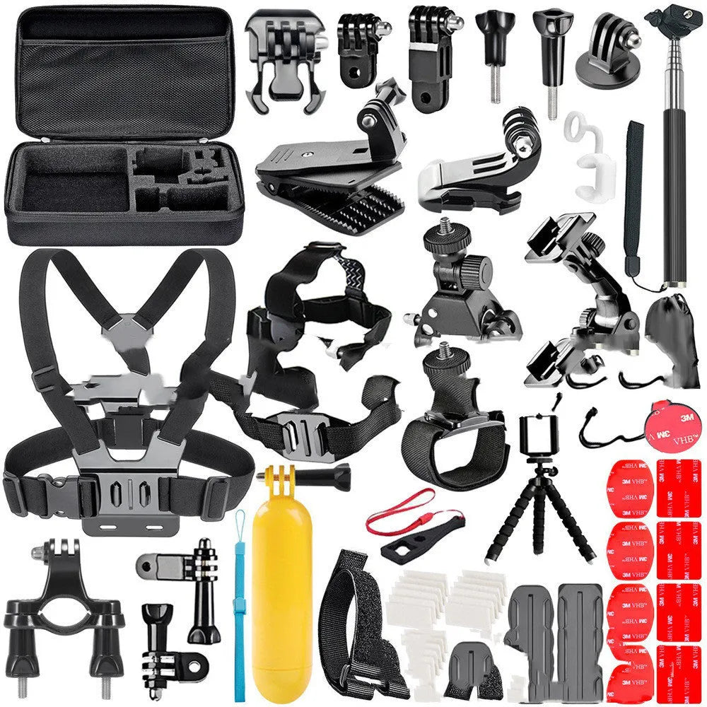 Black GoPro accessories set showing a chest strap, helmet mount, and compact tripod for Hero 4, 3, and 2 cameras