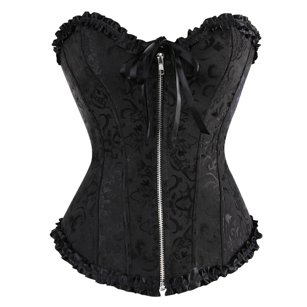 Women's front zip jacquard corset in spandex for waist support and shaping