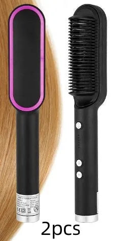 Red and black dual hair straightener and hot comb with digital display and rotating power cord.