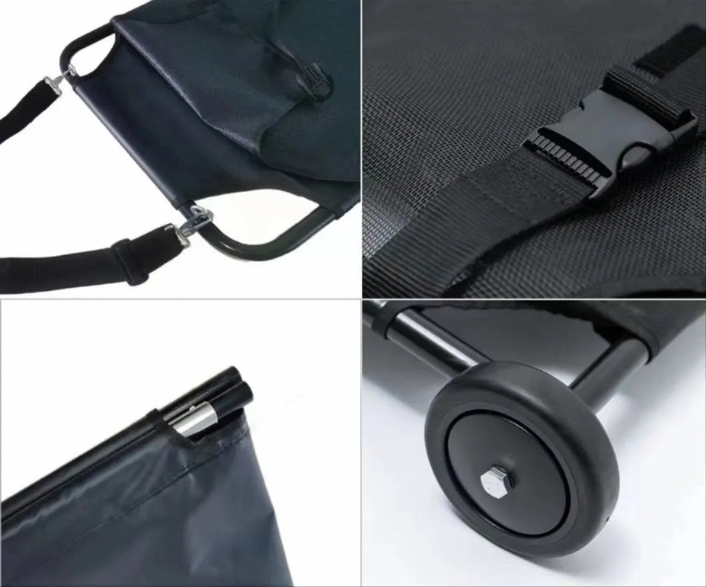 Black aluminium alloy folding pet stretcher for large dogs and emergency animal transfer.