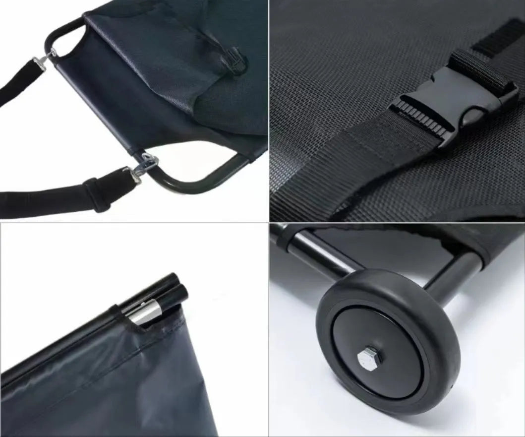 Black aluminium alloy folding pet stretcher for large dogs and emergency animal transfer.