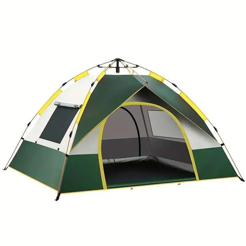 Dark green silver glue quick-open camping tent for 3-4 people pitched outdoors.