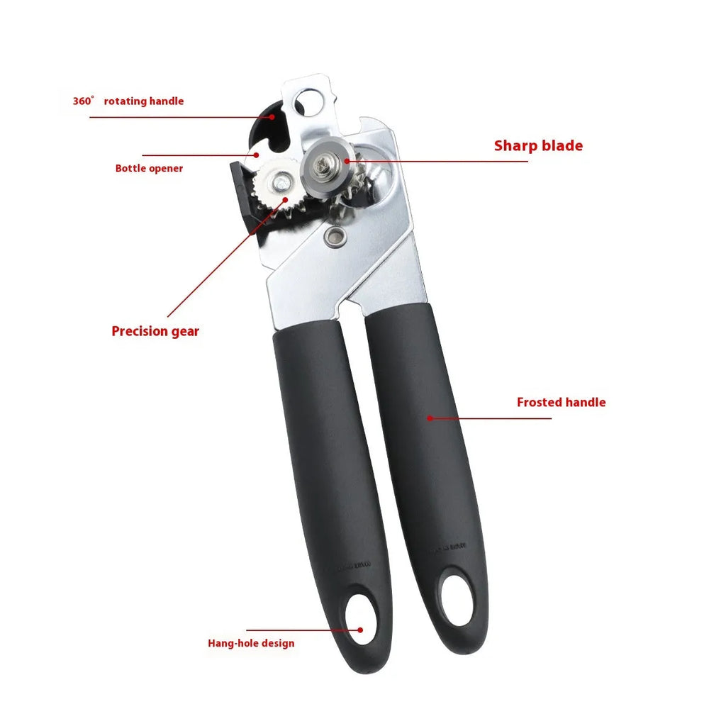 Strong stainless steel can opener and bottle opener, black finish, 18.5 x 5 cm, on a kitchen counter