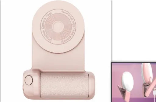 Black multifunctional phone camera holder with magnetic suction and rotatable stand on a table.