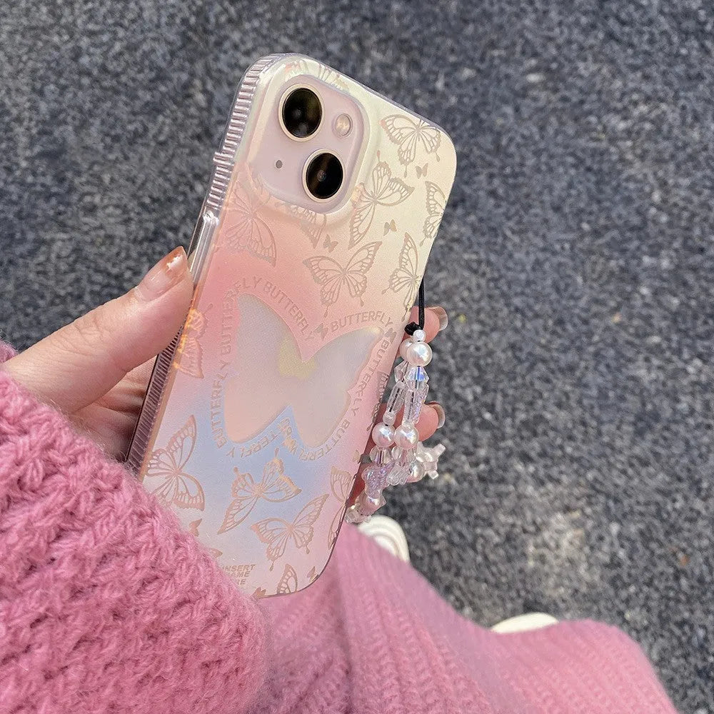 Laser gradient butterfly TPU phone case for iPhone with optional chain, anti-fall protection, Japanese Ins style