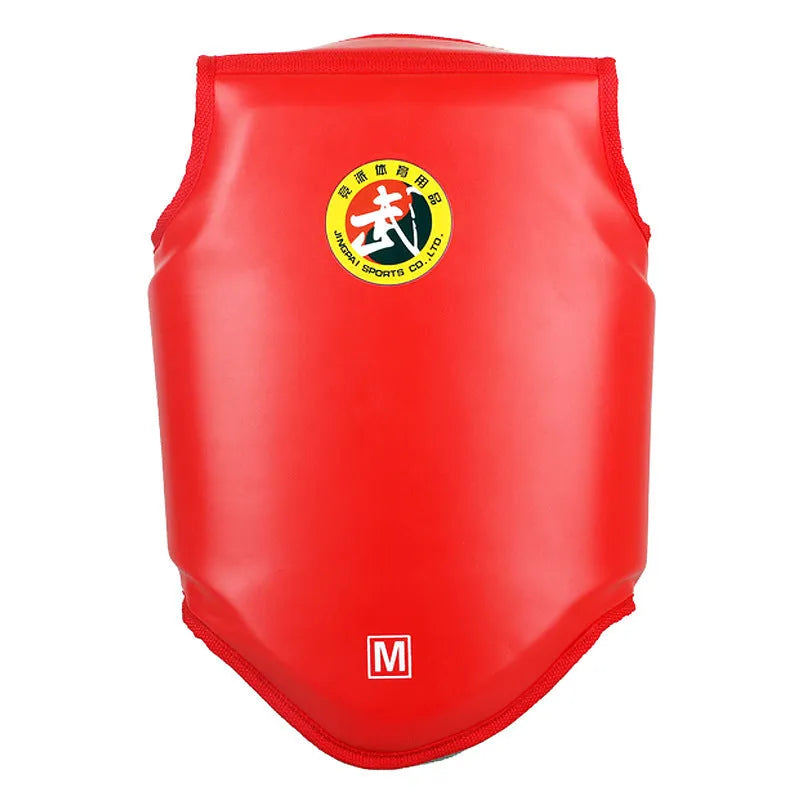 Red boxing helmet and one-piece chest protector set for fighting training