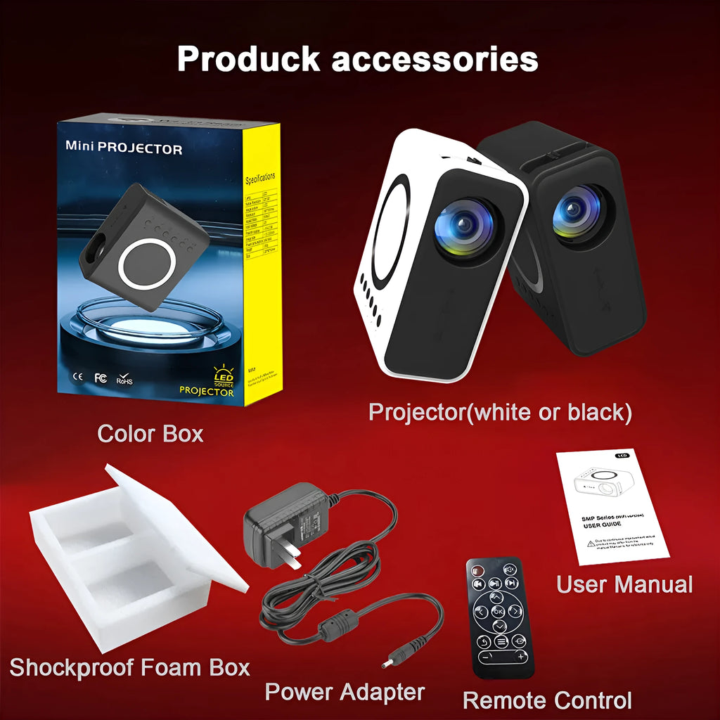 Black or white YT300 portable mini HD projector with remote control on a table.