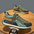 Men's green and grey mesh running shoes with low-top design and lace-up closure
