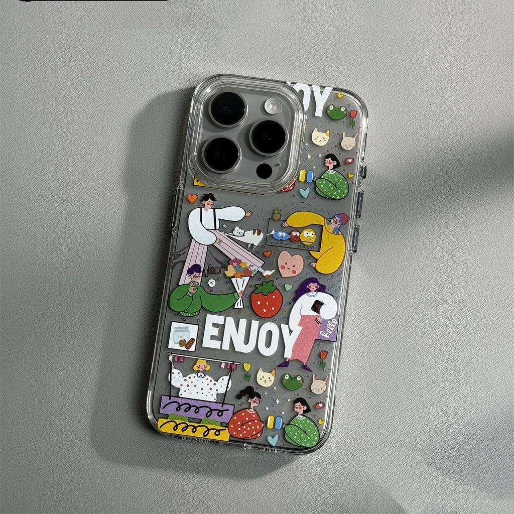 Cartoon transparent PC phone case with anti drop protection for iPhone 15 Pro Max, graffiti style