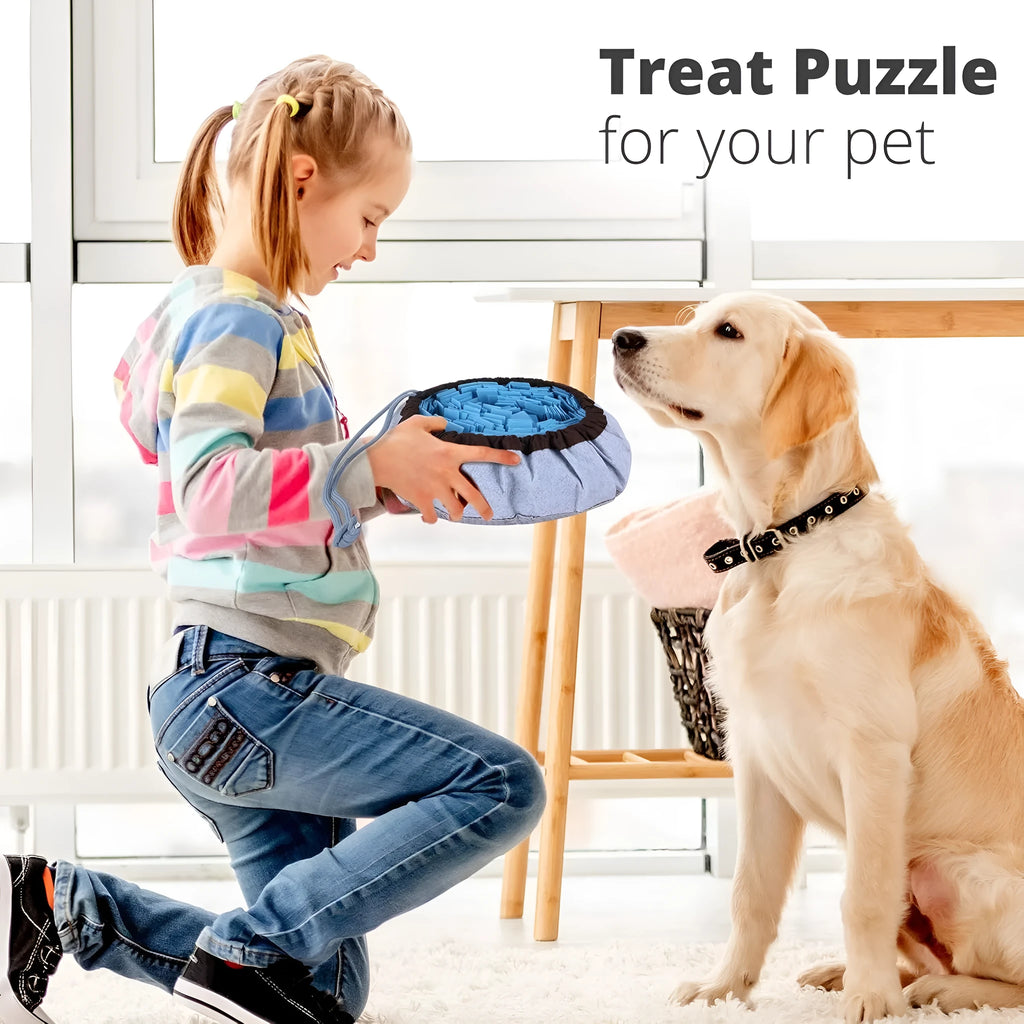 Adjustable blue and green snuffle mat for dogs feeding puzzle and mental stimulation toy