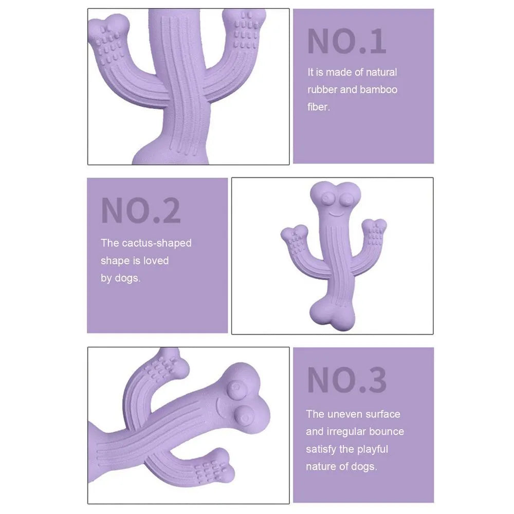 Beige, blue, and purple cactus-shaped dog chew toy made from bamboo fibre and rubber on a white background.