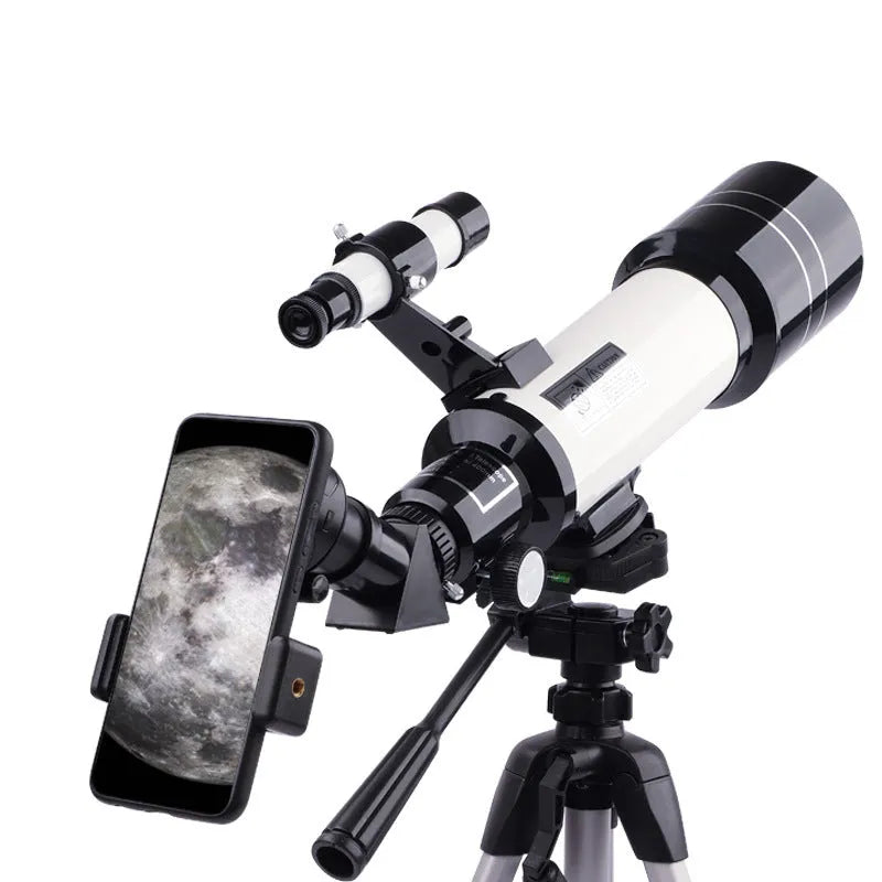 Dark blue children's monocular astronomical telescope with 16X-66X magnification on a tripod.