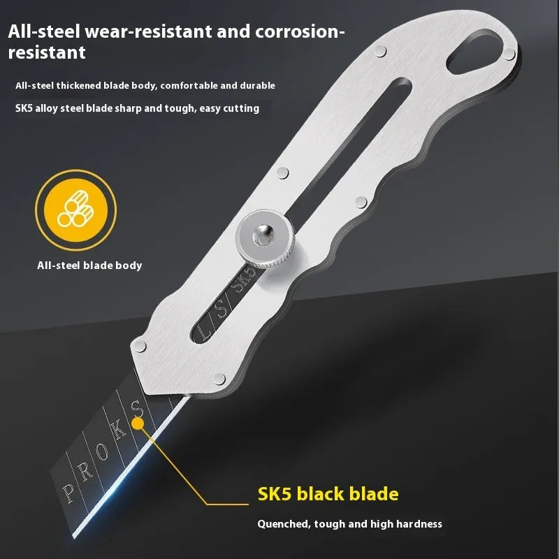 Stainless steel folding art knife with black blades including long and trapezoidal blade types