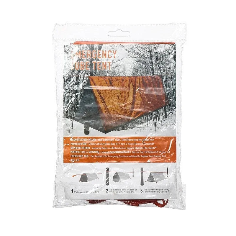Orange portable disaster relief tent kit with sleeping bag and raincoat laid out